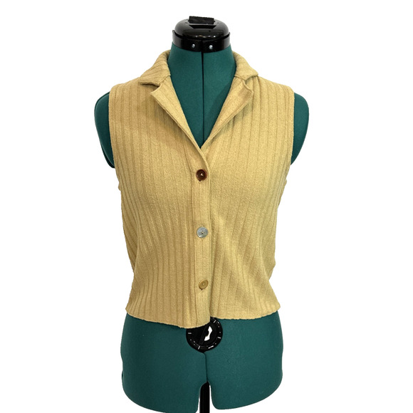 Madewell Mix-Button Ribbed Polo Sleeveless Button Up Knit Top Yellow Tan XS NWT - Picture 1 of 9